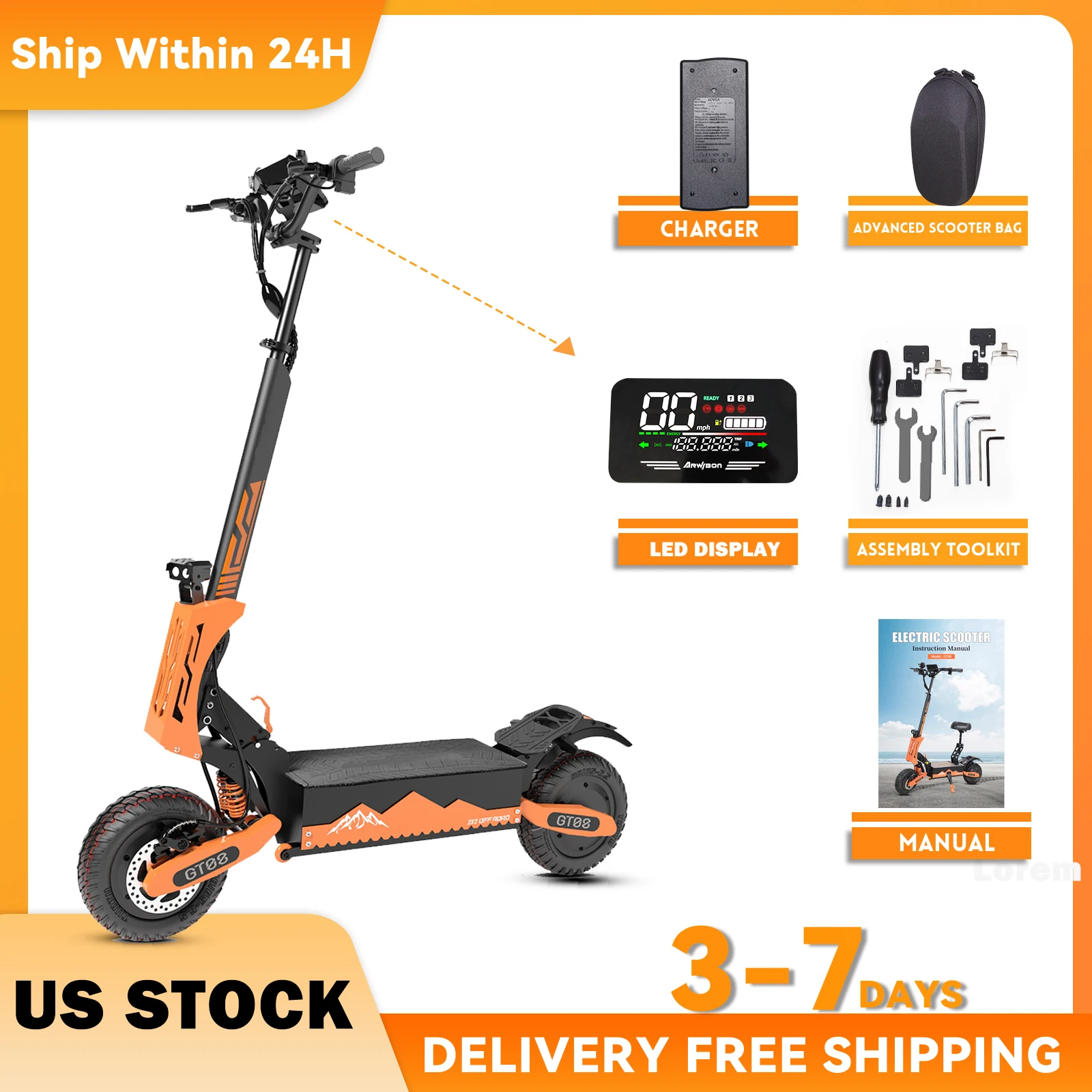 Arwibon GT08 Adult Electric Scooter 5600W Motor Top Speed 46MPH, 60V27AH, 11 Inch Off-Road Tires Sport Commuter Folding EScooter