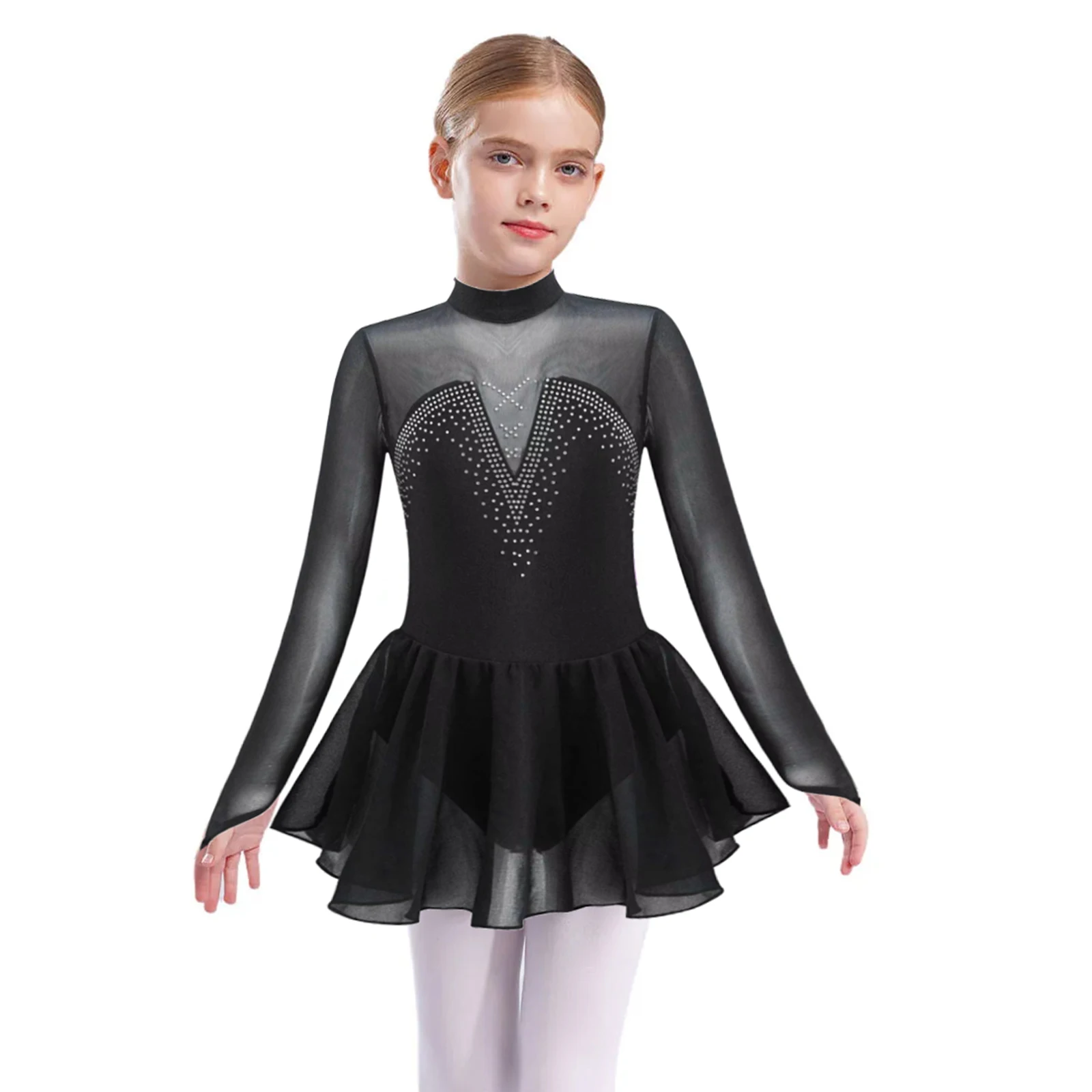 

Kids Girls Ballet Tutu Dress Figure Skating Dress Long Sleeve Shiny Rhinestone Gymnastics Leotards Ballroom Competition Costume