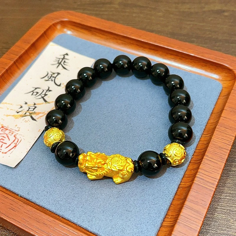 

Luxury 100% Real 24K Gold Character Pi Xiu Obsidian Bracelet Unisex Couple Handmade Jewelry For Men Women