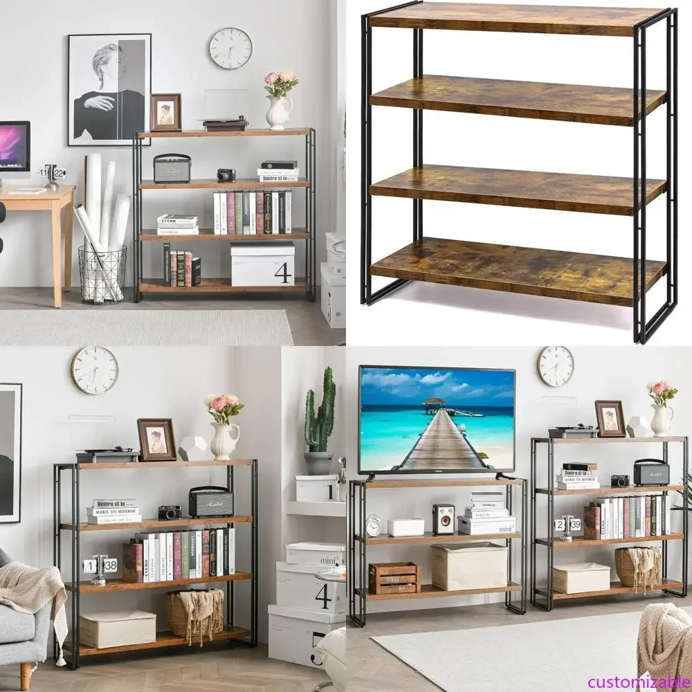 

4-ярусная книжная полка в деревенском стиле из дерева и металла для домашнего офиса и спальни