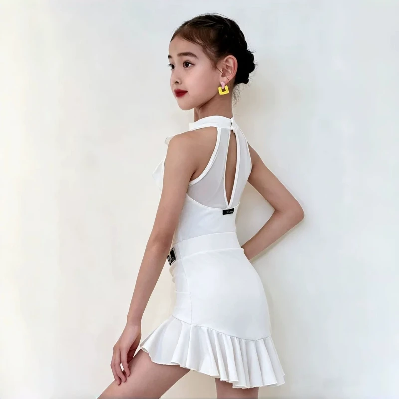 

2026 Latin Dance Dress for Girls, Mesh, Ruffle, Practice Performance, Training, Practice Dress, Children's Dance Dress Set