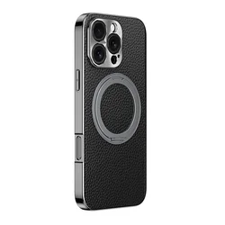360 Rotation Bracket Electroplated Cowhide Leather Case For iPhone 14 15 16 Pro Max Metal Len Magnetic Ring Holder Protect Cover