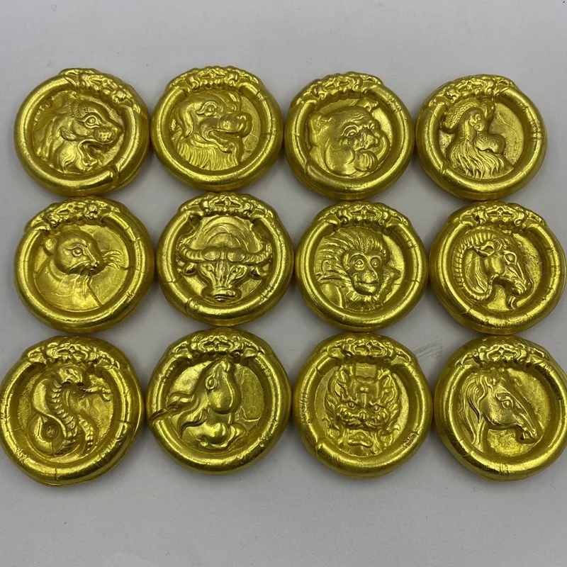 Antique Miscellaneous Gold Ingot Kangxi Year-Made Antique Large Qing Treasury Twelve Zodiac Gold Cake Set