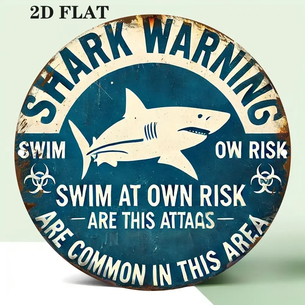 1pc 2D Flat Round Metal Tin Sign 20x20 Inch Vintage Shark Warning Weathered Plaque Beach House Decor