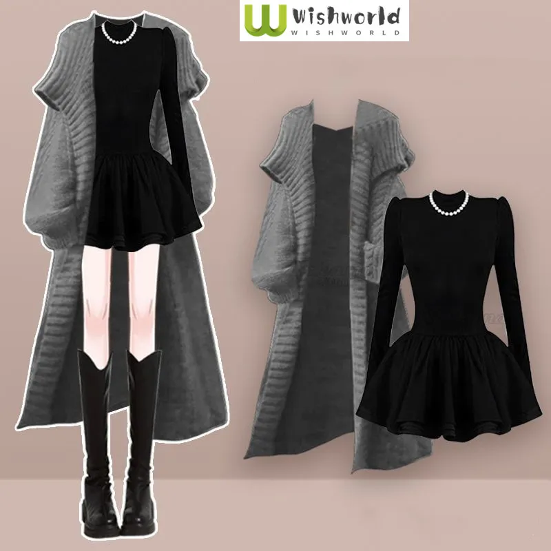 

Autumn and Winter Set Women's New Lazy Style Soft and Sticky Knitted Sweater Slimming Dress Two-piece Set