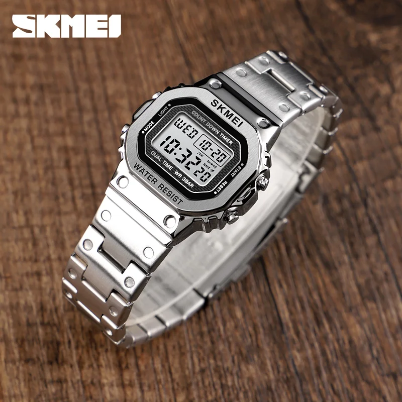 SKMEI-reloj Digital multifunción para mujer, cronógrafo con correa de acero inoxidable, resistente al agua, marca de lujo, 1433