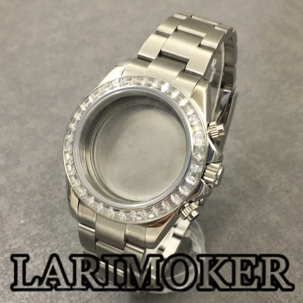 LARIMOKER 39mm Chronograph Case for VK63 Quartz Movement Sapphire Glass Silver Diamond Bezel Stainless Steel Case Watch Parts