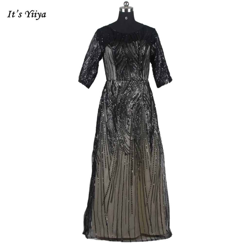 

It's YiiYa Evening Dress Black Sequins O-neck Half Sleeves Zipper Back Straight Floor Length Plus size Women Party Dresses E014