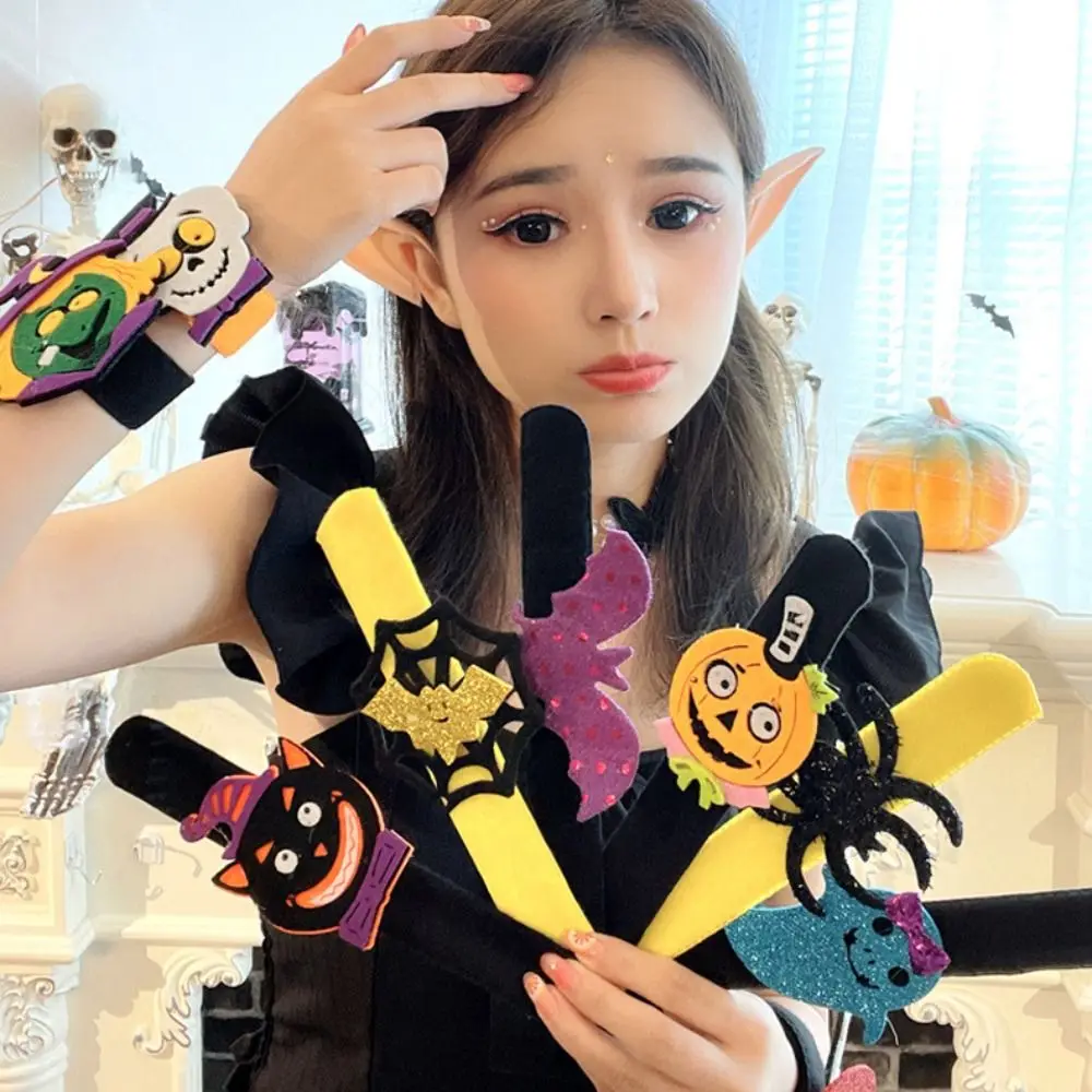 Cute Pumpkin Halloween Slap Bracelets Spider Witch Hat Pop Circle Wristband Ghost Cartoon Design Hands Clap Circle Kids