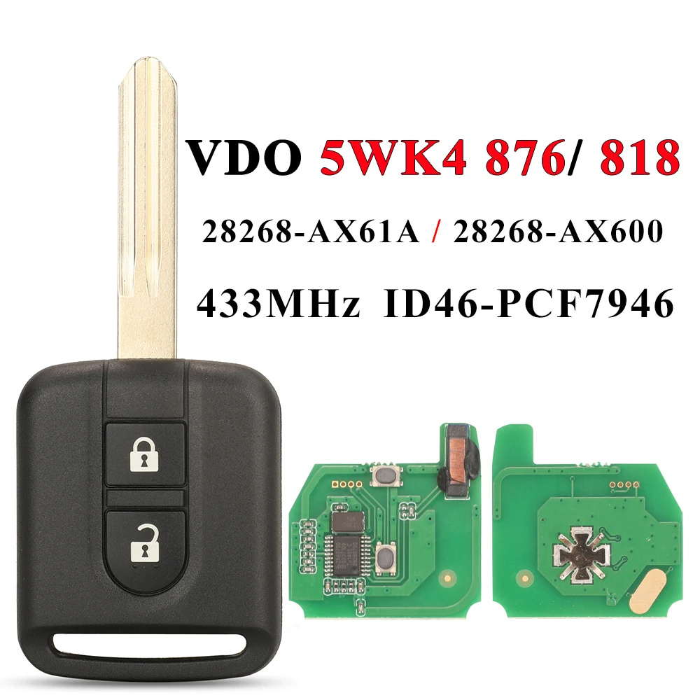 Jingyuqin 5WK4 876/818 433MHz ID46 klucz chipowy Fob dla Nissan Elgrand X-TRAIL Qashqai Navara Micra uwaga NV200 klucz zdalny z dwoma przyciskami