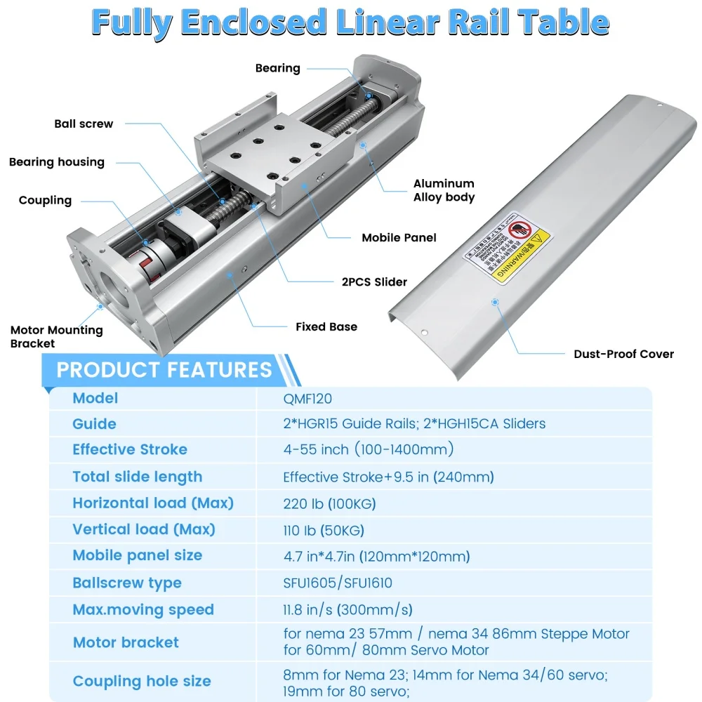 120mm Wide Fully Enclosed Ball Screw Linear Rail Table XYZ Axis 100KG Sliding Table Heavy Duty Aluminum SFU1605/1610 2PC HGH15CA