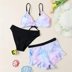 Flower print swimwear para meninas, conjunto de 3 peças, swimwear com babados e saia para crianças 6, 8, 10, 12 e 15 anos