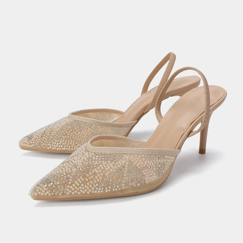 الفاخرة سلسلة حبة تصميم العلامة التجارية عالية الكعب النساء مضخات الأزياء مدبب تو Slingback عالية الكعب أنيقة الزفاف أحذية الزفاف #6