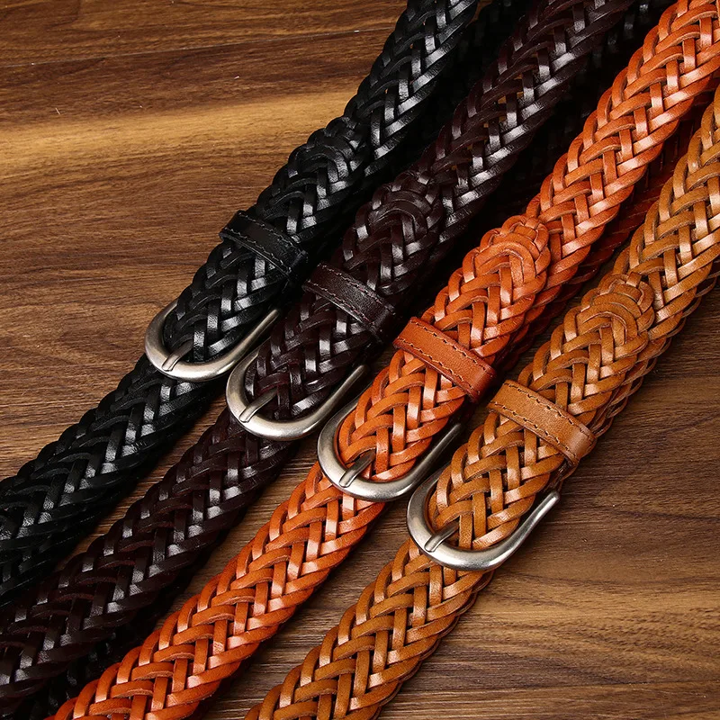 3.2cm Vintage Handwoven Leather Belt Men Genuine Leather Braided Pin Buckle Pure Cowhide Pants Belt for Women Cinturones Hombre