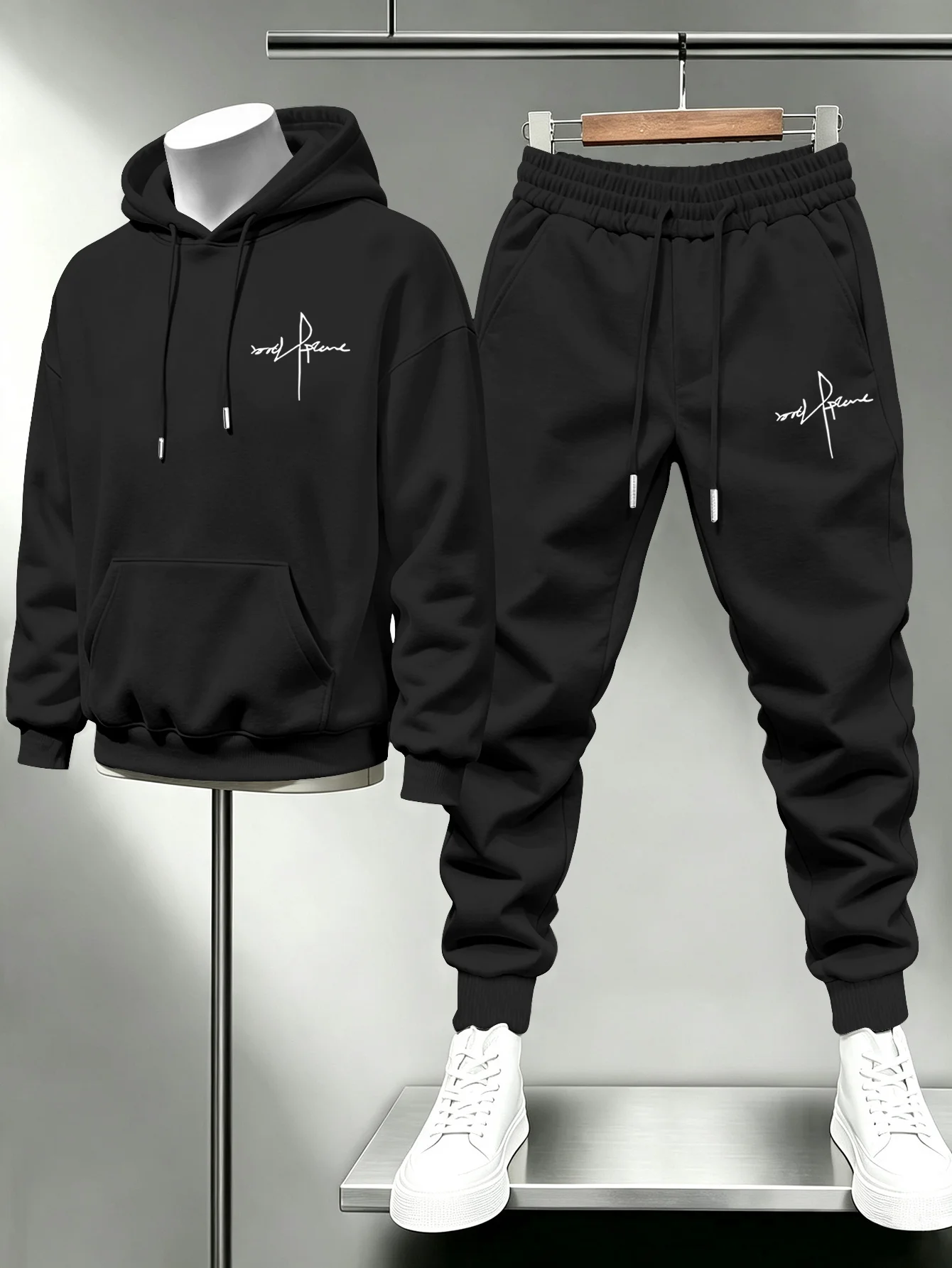 Men's Street Print Hoodie Set, Loose Long-Sleeve Hooded Top With Pocket & Elastic Waist Jogger Pants, 2-Piece Outfit