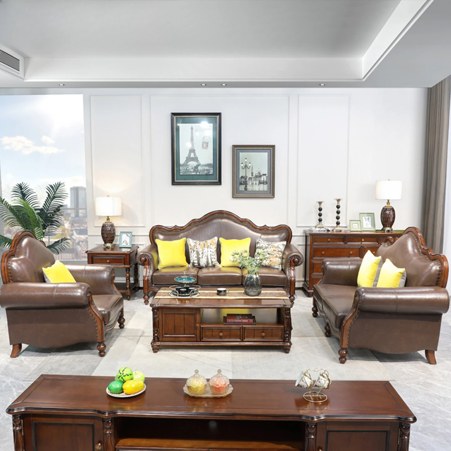 Genuine leather sofa, living room first-floor leather sofa combo, 123 villa large unit
