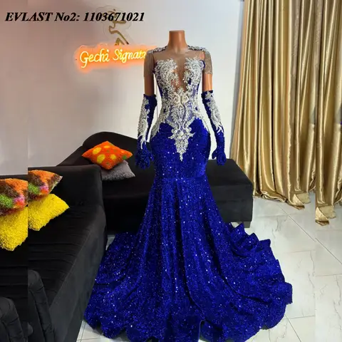 EVLAST Özelleştirilmiş Lüks Kraliyet Mavi Payetler Denizkızı Balo Elbise Beyaz Dantel Kristal Boncuklu Afrika Parti Törenlerinde Siyah Kızlar E2P387