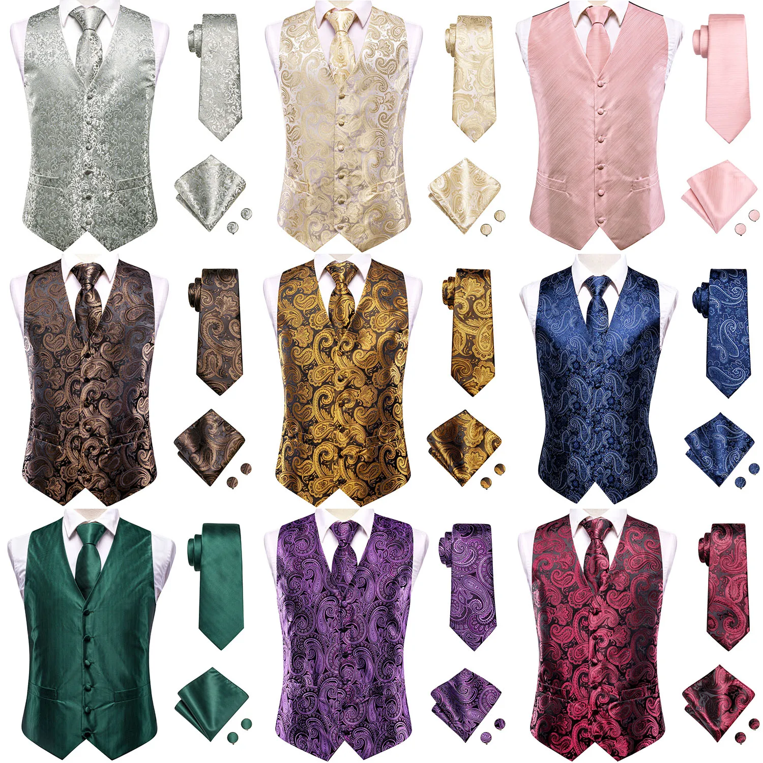 

Hi-Tie Jacquard Silk Mens Vest Tie Hankerchief Cufflink Set WaistCoat Jacket Necktie Wedding Business Gold Pink Beige Green Blue