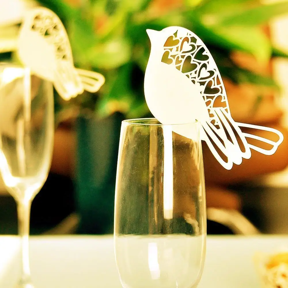 

Pack of 50 Bird Glass Place Cards Hollow Out Wedding Party Pearlescent Cards Beige