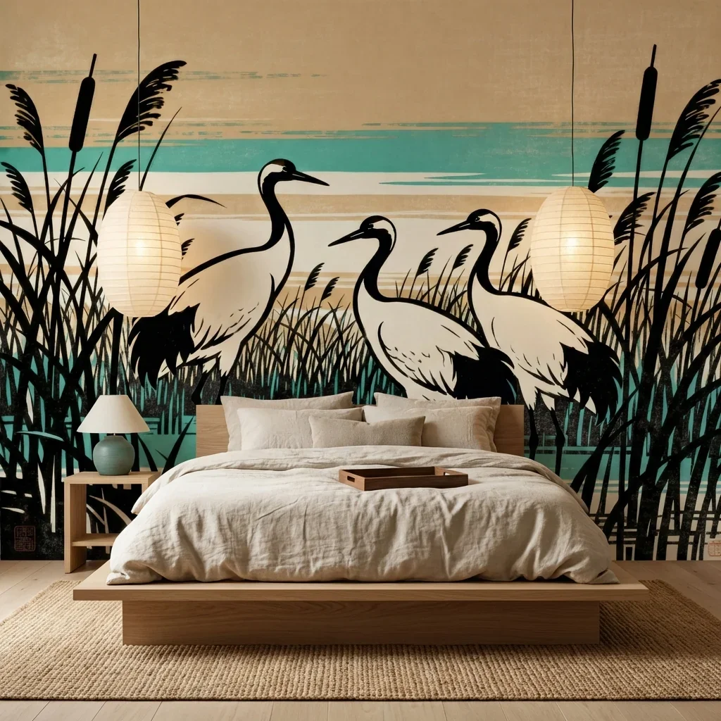 Customized Size Mural Wallpaper for Japanese Wetland Reserve Reed, White Crane Wallpaper, Peacock, Jade Orchid 3d Wallpaper