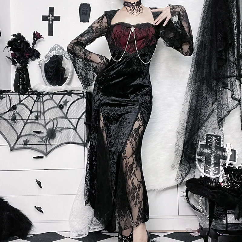 

Gothic Y2K Split Dress Lace Sleeve Bodycon Midi Dress Sexy High Slit Halloween Party Dress, Elegant Dark Aesthetic Daily Outfit