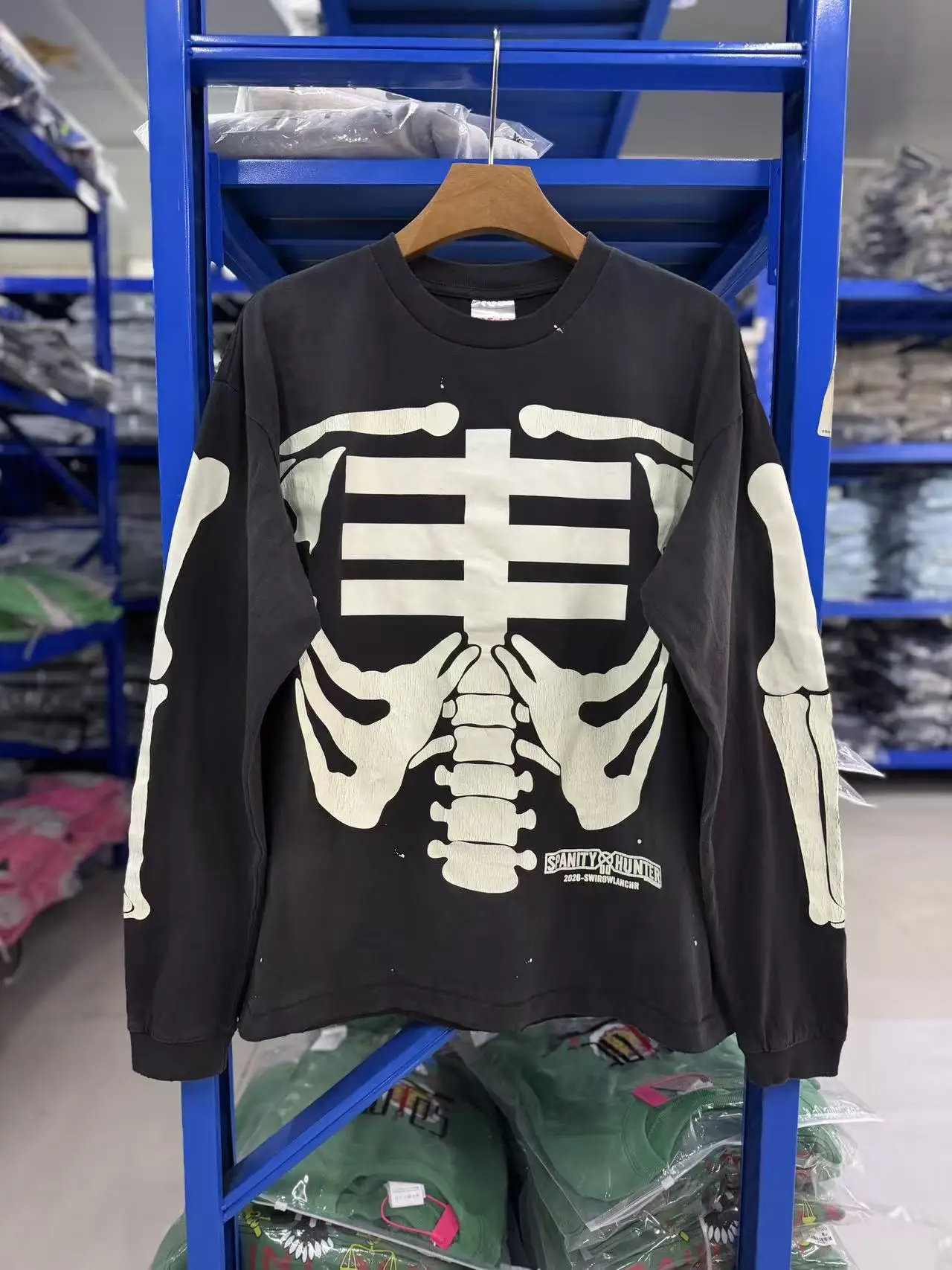 Luminous Skull Pattern Long Sleeved Washed Saint T-Shirt Men Women Best Quality 26aw T Shirt Top Tee