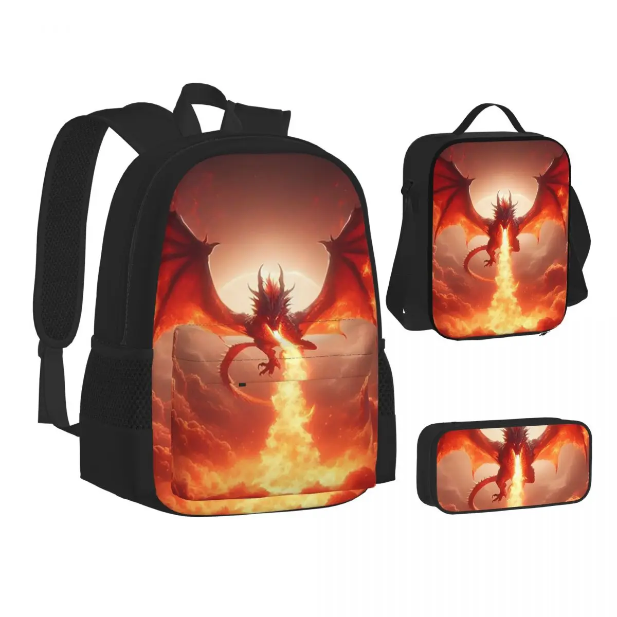

Dragon In The Fire Backpacks Students Bookbag School Bags Kids Rucksack Lunch Bag Pen Bag Three-Piece Set
