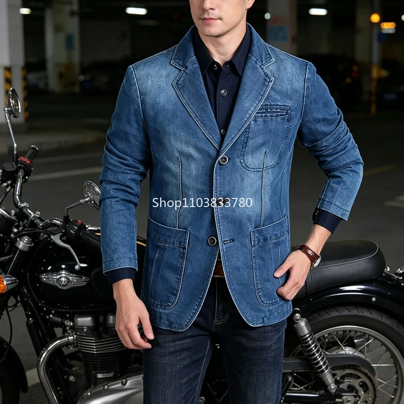 Men's Motorcycle Denim Jacket Autumn Hight Street Outdoor Jacket Male Sports Blazer Worker Turn Down Collar Jean Coat Outerwear