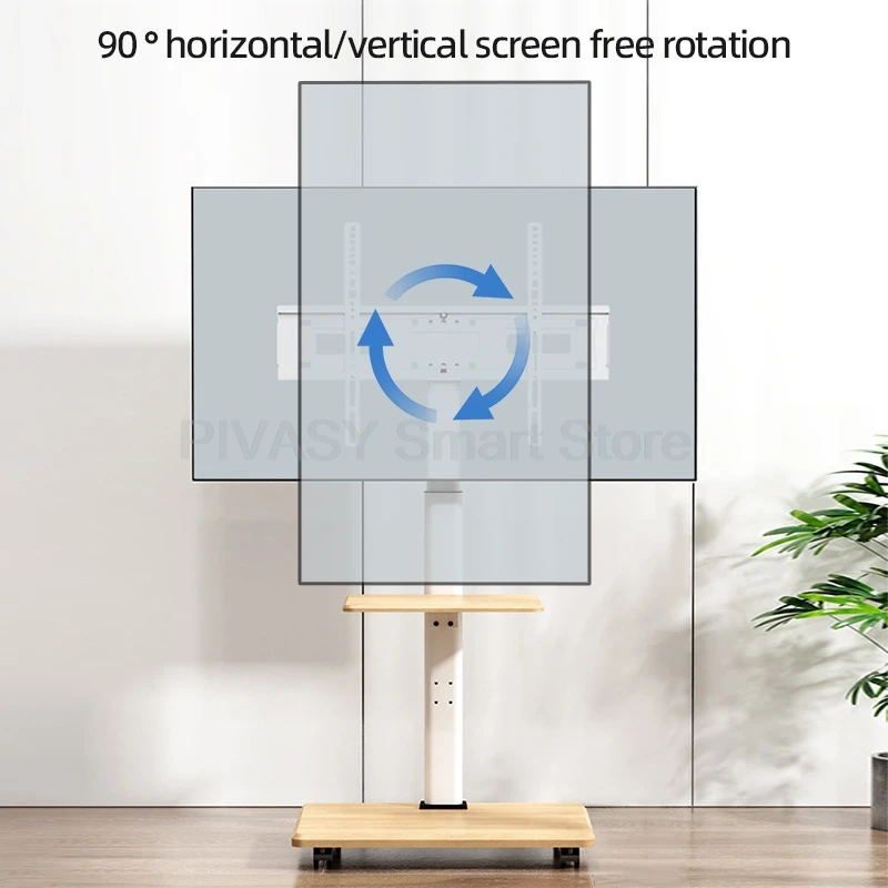 رف تلفزيون متنقل قائم على الأرض، حامل فني من الخشب الصلب باللون الأبيض، ارتفاع عالمي قابل للتعديل مع رف ديكور منزلي جمالي، حامل تلفاز