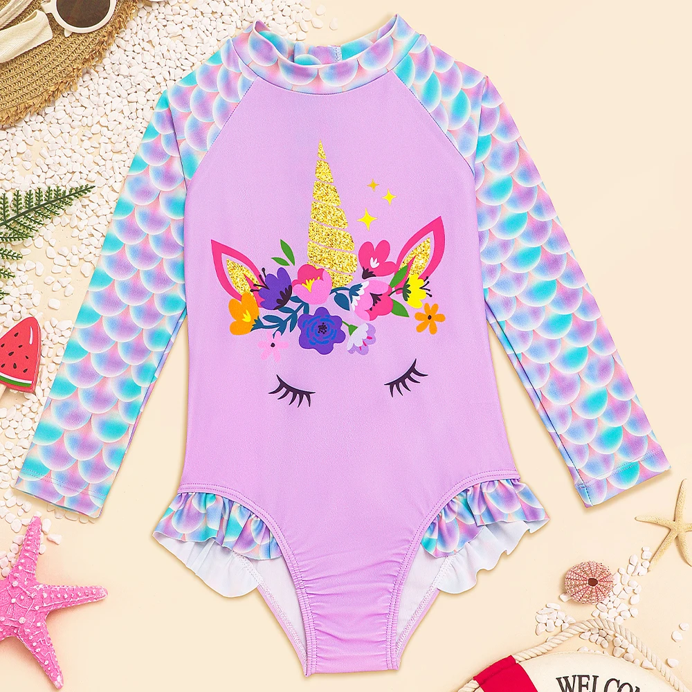 Baby Girl Cute Unicorn Print Swimsuit One Piece Long Sleeve Swimwear Toddler Ruffle Bathing Suit Zipper Beach Outfit