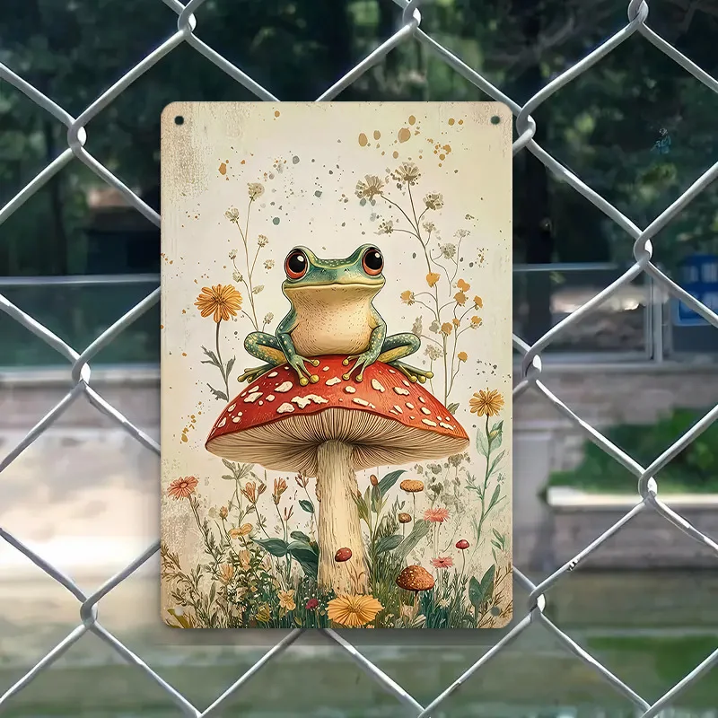 1 Stück Frosch auf Pilz Blechschild, Fantasy-Natur-Wandkunst, Retro-Gartendekoration, Perfekt für Schlafzimmer, Garten & Kinderzimmer