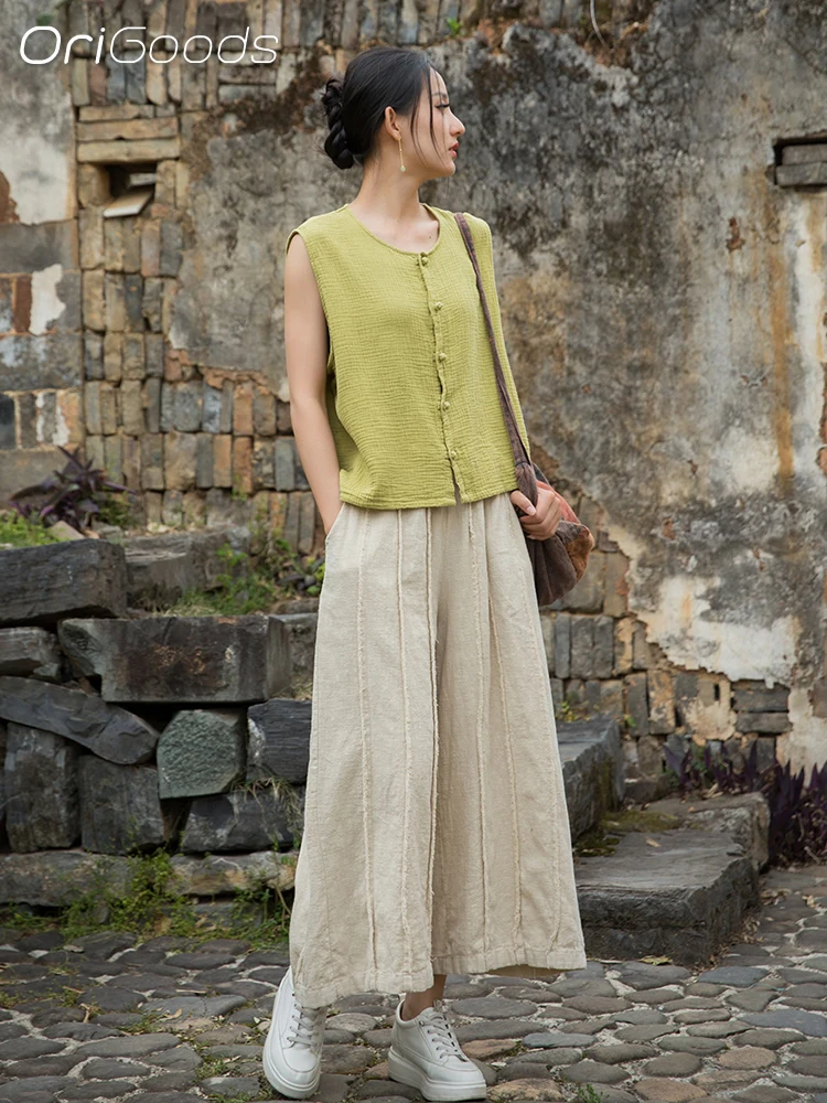 

OriGoods Elegant Wide Leg Pants Women 2025 New Summer Vintage Cropped Pants Elastic Waist Ramie Cotton Wide-leg Capri Pants B304