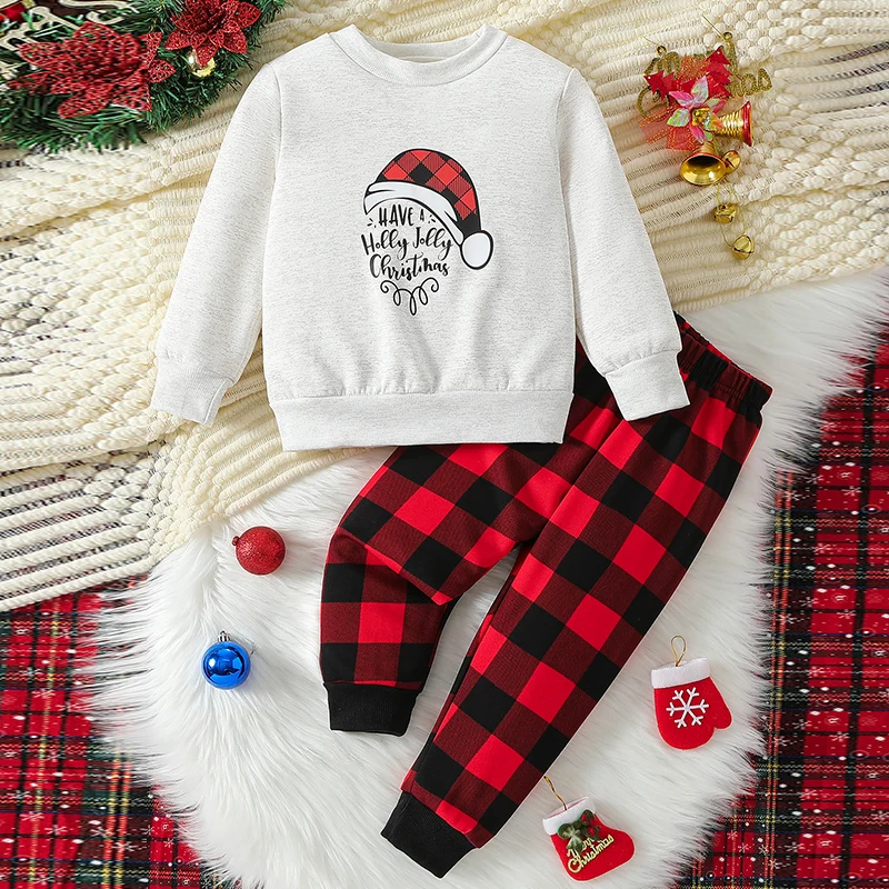 2-piece Autumn/Winter Children's Halloween Fun Cartoon Casual Set Boys' Fashionable Santa Claus Top Girls' Cute Holiday Clothes