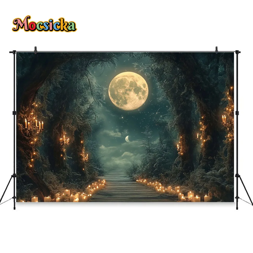 Christmas Night Forest Background Photography Candle Moon Glitter Backdrop Kid Winter Xmas Outdoor Art Photoshoot Studio Prop