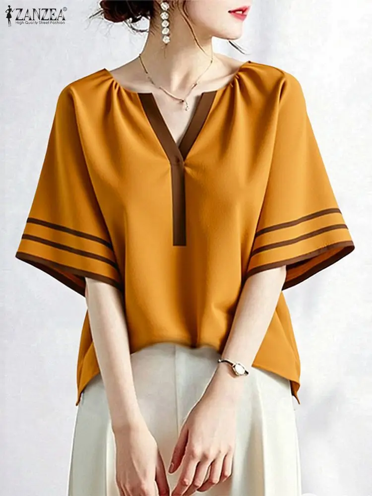 ZANZEA Modna Bluzka Damska Casualowa w Paski z Falbankami i Wstawkami, Koszula Jesienna 2025 z Rękawem 3/4, Dekolt w Serek, Luźna Bluzka Tunika do Pracy