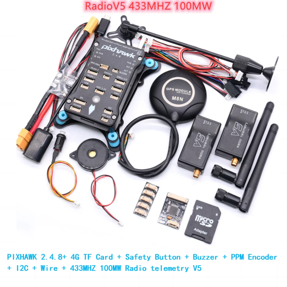 Pixhawk 2.4.8 PRO PX4 PIX 32비트 비행 컨트롤러+M8N GPS+ 433/915Mhz 100/500mw 무선 원격 측정+안전 스위치+버저+rgb+I2C