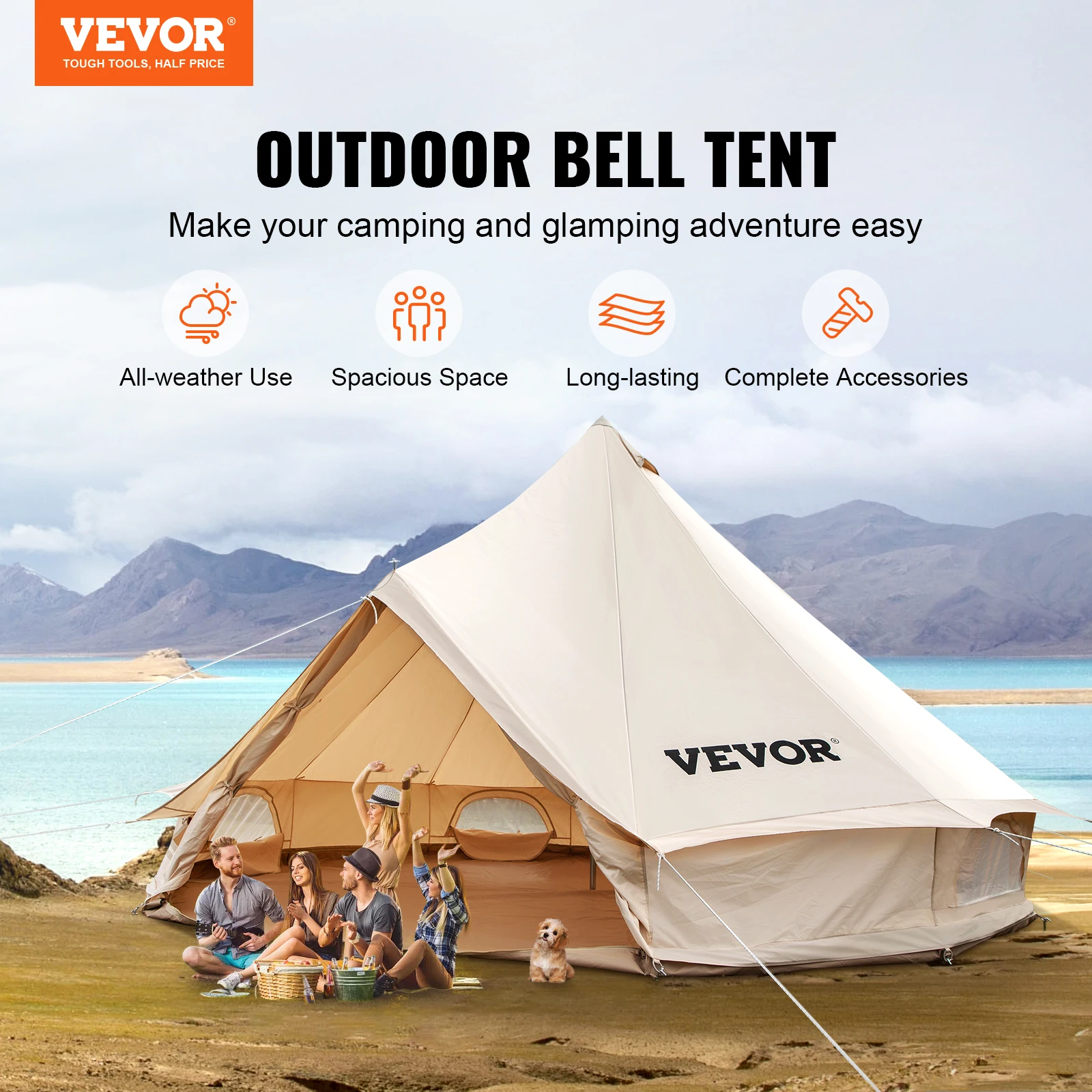 VEVOR Camping Tent 3-7m Waterproof Cotton Canvas Bell Tent Outdoor 4 Seasons Family Party Picnic Yurt W/ Stove Hole4-12 Person