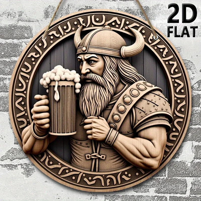 2D Flat - Viking-Themed 2D Flat Wall Art - 19.99cm Round Wooden Sign with Bearded Man Holding Beer Mug, Ideal for Home & Farm De