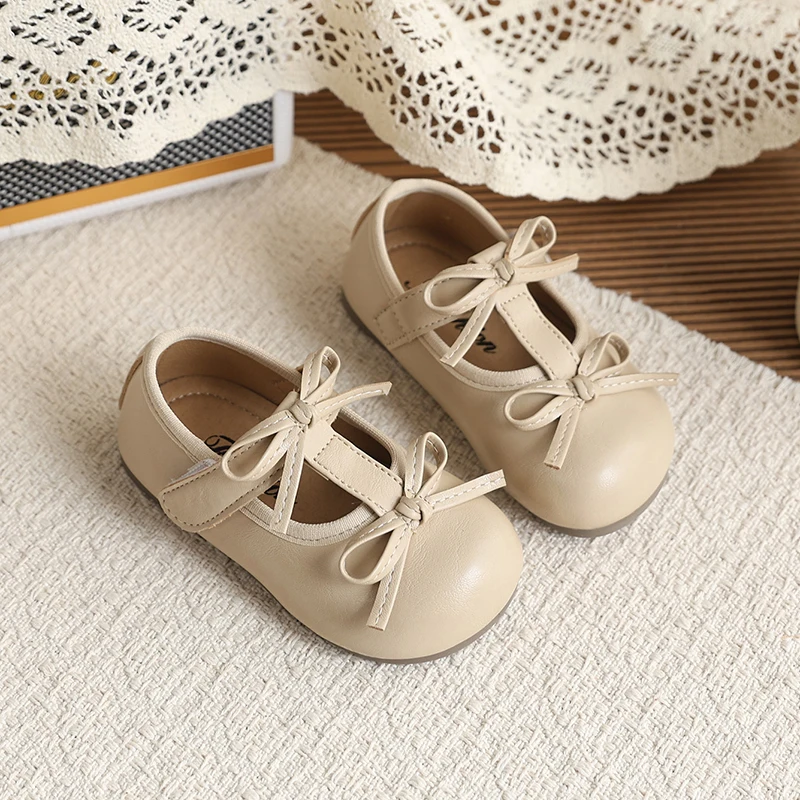 

Girls Leather Shoes for Party Wedding Soft Bottom Children Ballet Dance Shoes T-strap Kids Flats Shoes with Double Bow-knot