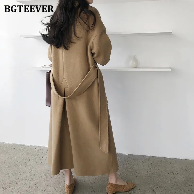 BGTEEVER Winter Loose Pockets Women Long Blend Coats Elegant Lapel Full Sleeve Lace-up Female Woolen Overcoats