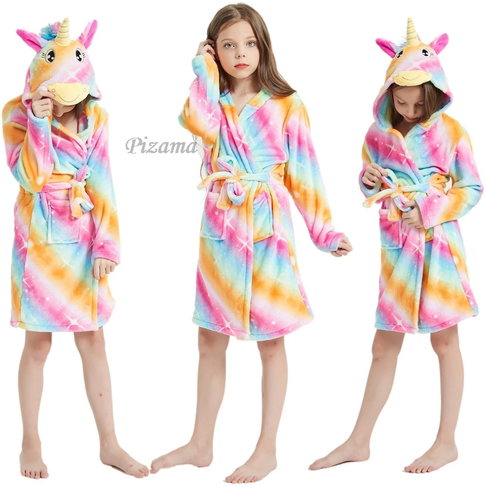 فتاة رداء حمام بقلنسوة الكرتون يونيكورن وقوس قزح نمط الفانيلا لينة الدافئة جيب حزام طويل رداء منامة بيجامة للأطفال #2