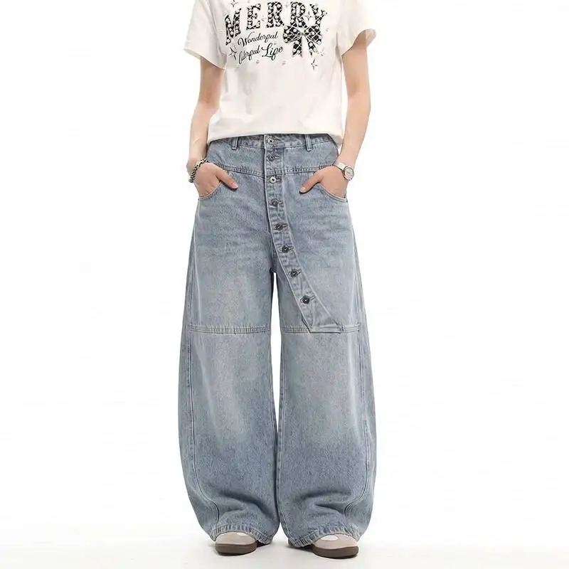 American Style Threedimensional Washed Distressed Long Button Baggy Silhouette Curved Jeans Men's Denim Long Pants