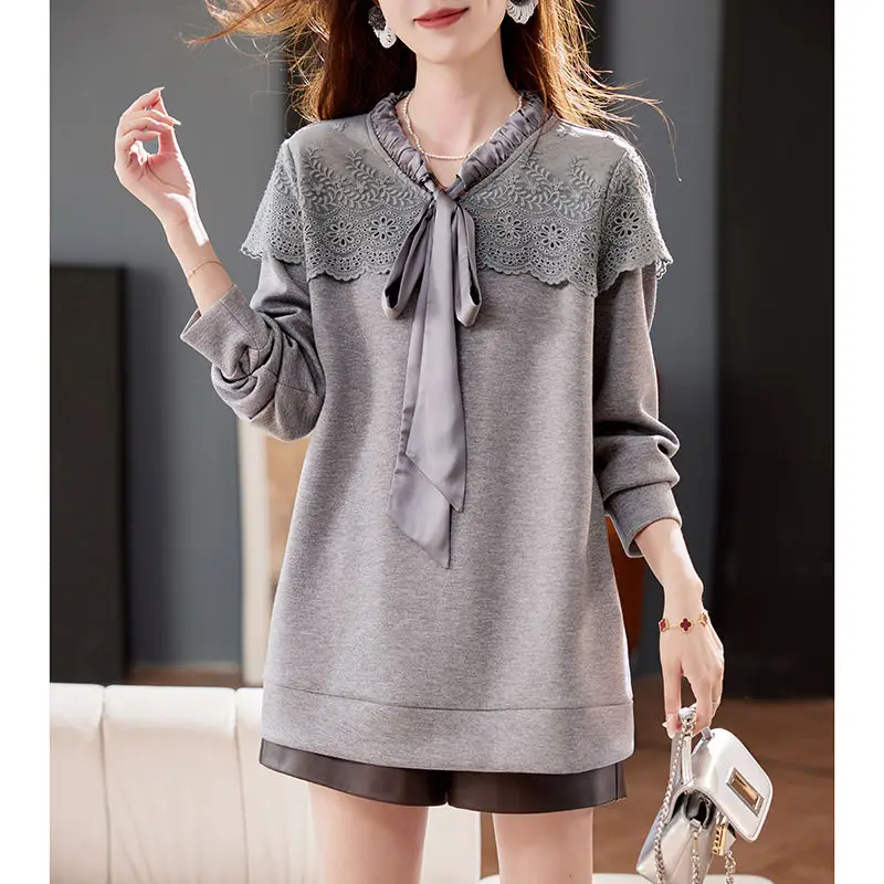 

Spring Autumn New Solid Color V-neck Long Sleeve Fashion Sweatshirts Women High Street Embroidered Patchwork All-match Pullovers