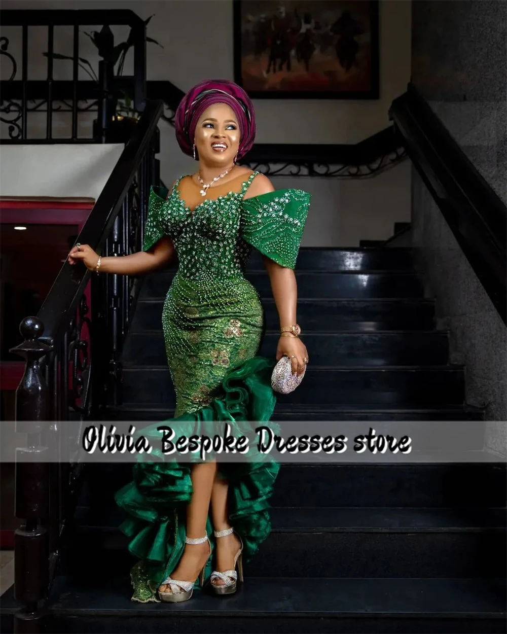 Distinctive Green Mermaid Aso Ebi Evening Dresses Beaded Rhinestones Ruched Ruffle African Party Dress For Women 2025 Customized