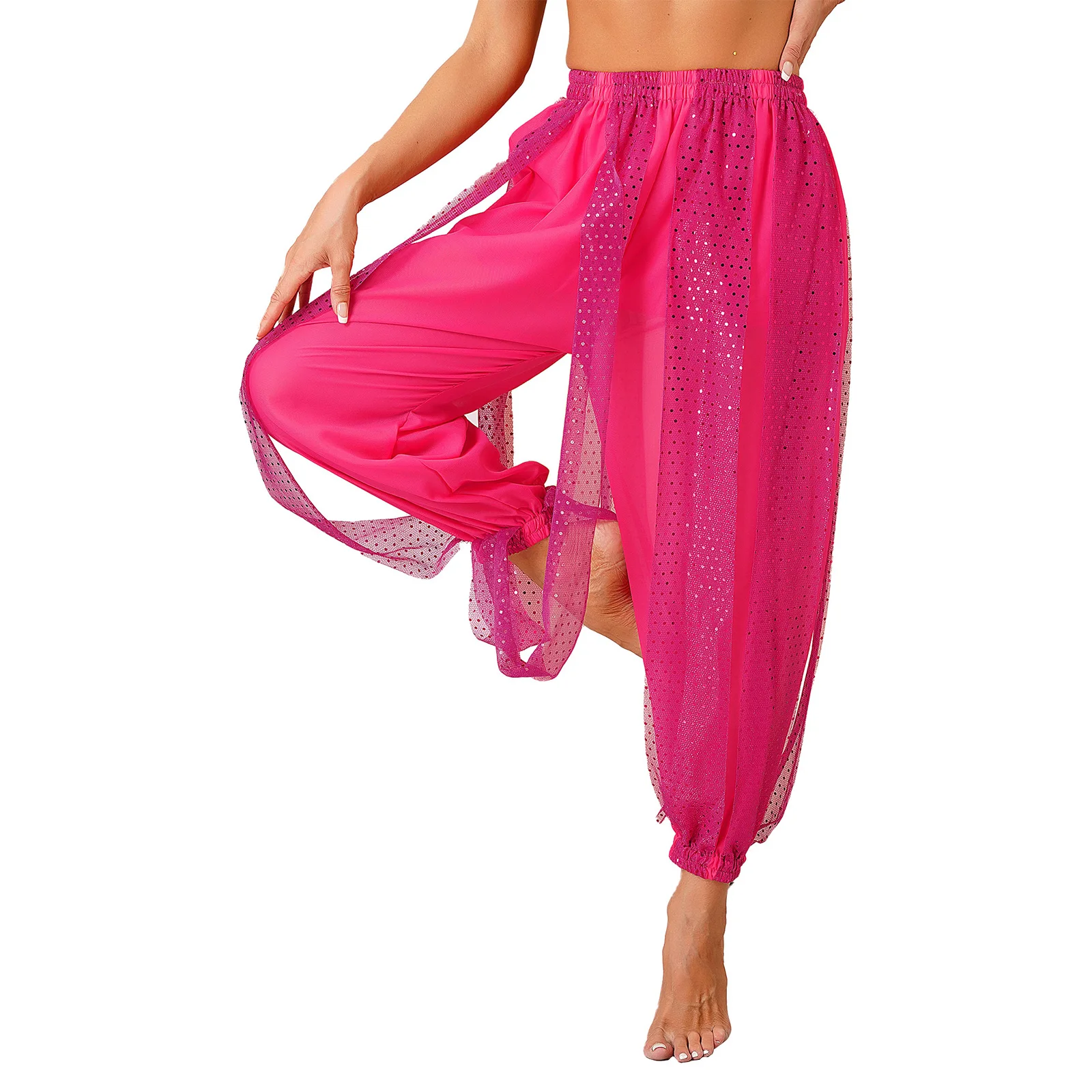 FjDancewear-Pantalon de danse du ventre en mousseline de soie transparente à paillettes pour femmes, bouffant semi-transparent, ceinture élastique, performance sur scène