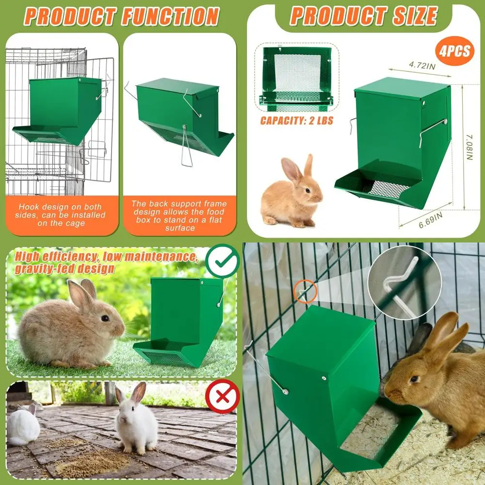 

4 шт. кормушка для кроликов для клетки, диспенсер для корма для мелких животных с крышкой, металлические кормушки для кроликов снаружи для морской свинки (4,7 дюйма, зеленые)