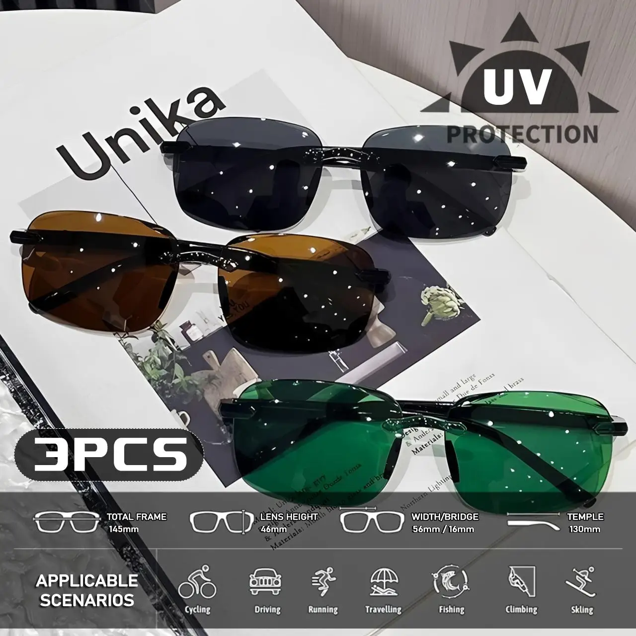 3Pcs Frameless Sunglasses Men Women Unisex Rectangle Lens Uv400 Shades Fashion Luxury Design Outdoor Travel Fishing Eyewear