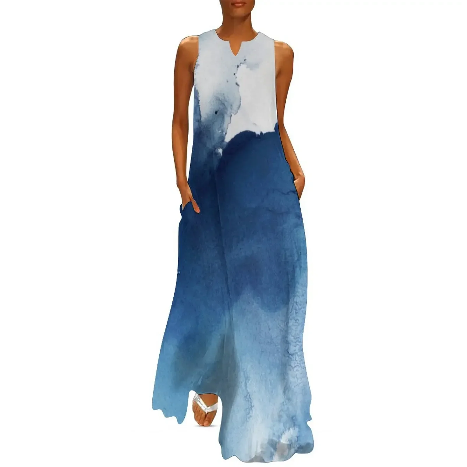 

Indigo Blue Sea, Abstract Ink Painting Long Dress dress party evening elegant luxury celebrity Dance dresses Women's skirt Dress
