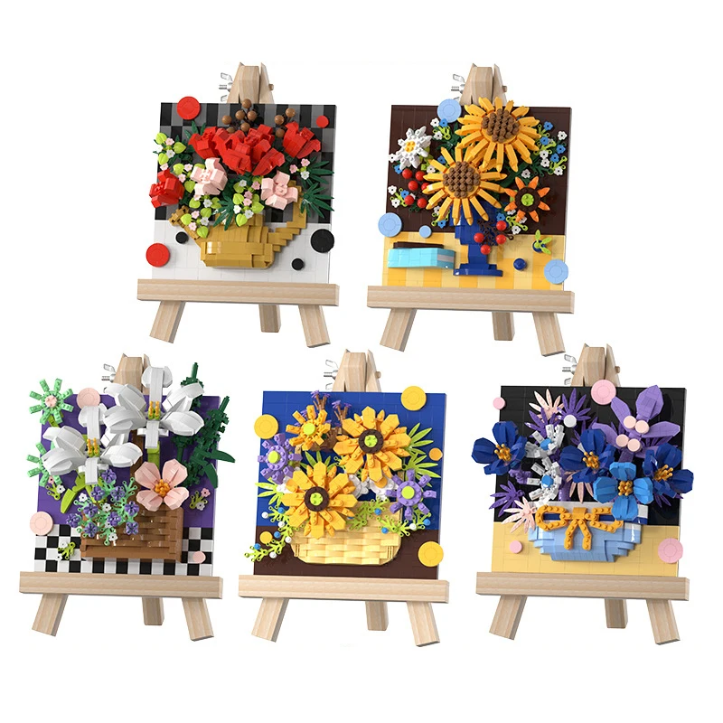 Construction Idea ART Flower 3D Painting Building Bricks With Wooden Easel Micro Diamond Block Toys For Girls Desktop Decoration