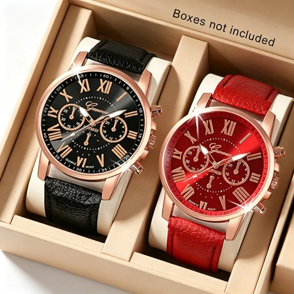 2‑piece set, three‑eye Roman numeral dial quartz wristwatch, fashionable casual versatile wristwatch